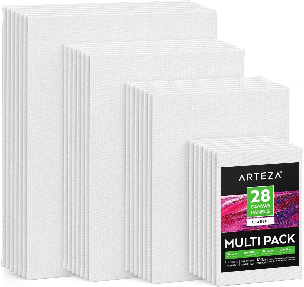Arteza Canvas Panels, Rectangular, White, Multi Value Pack Multiple Sizes, Blank Canvas Boards for Painting - 28 Pack